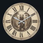 Rustic Grizzly Bear Wall Clock | Wood Style<br><div class="desc">Bring the wild spirit of the forest into your home with this stunning rustic grizzly bear wall clock that celebrates the majesty of nature's most iconic creature. 🐻 Featuring a detailed bear standing proudly among tall pine trees in a dense woodland scene, all crafted on a warm wood-look design with...</div>