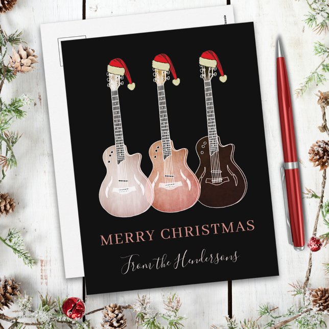 Rustic guitars merry christmas Personalized Holiday Postcard (Personalized Guitars wearing Santa hats  christmas budget holiday greetings postcard)