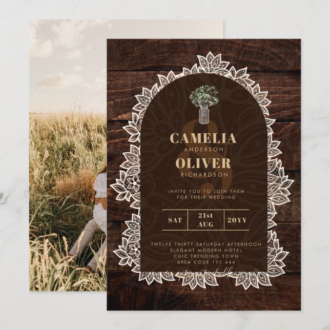 Rustic Gypsophila Lace PHOTO WEDDING INVITATION (Front/Back)