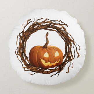 Rustic Halloween Jack O Lantern Twig Wreath Frame Round Pillow