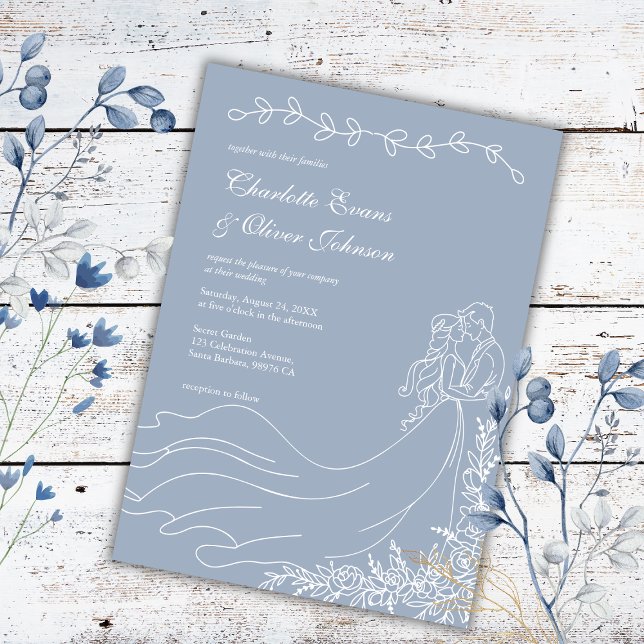 Rustic Hand Drawn Couple Dusty Blue Wedding  Invitation (Creator Uploaded)