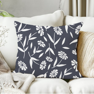Rustic Hand Drawn Flowers Navy Blue Throw Pillow
