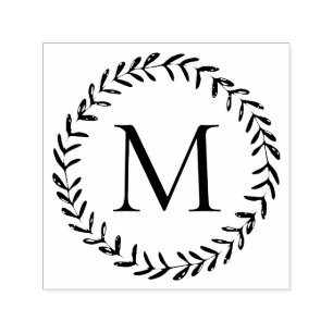 Rustic Hand Drawn Foliage Wreath Custom Monogram Self-inking Stamp