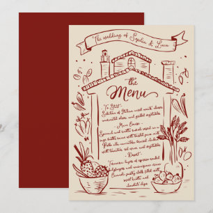 Rustic Hand Drawn Italian Wedding Menu Red Cream