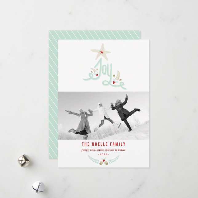 Rustic Hand Drawn Joy Calligraphy Foliage Photo Holiday Card (Front/Back In Situ)