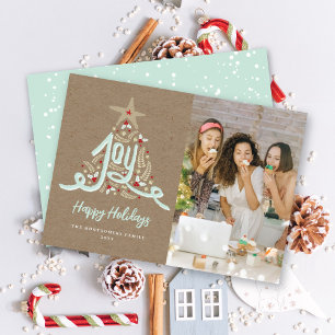 Rustic Hand Drawn Joy Calligraphy Foliage Photo Holiday Card