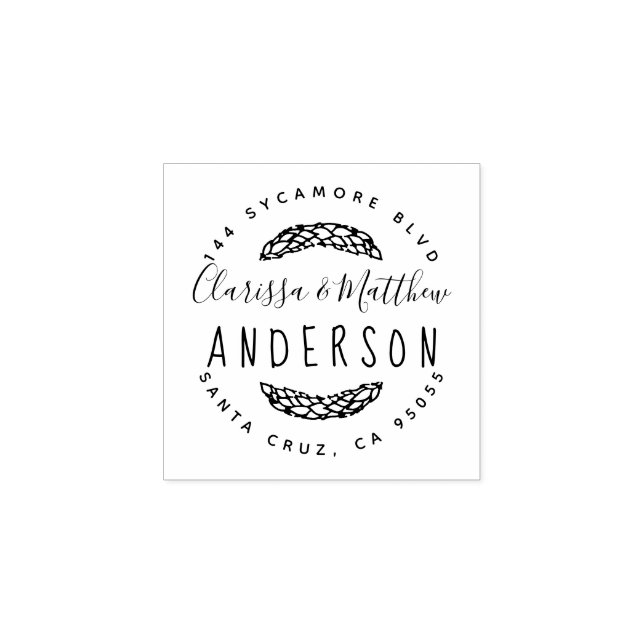 Rustic Hand Drawn Married Couple Return Address Rubber Stamp (Imprint)