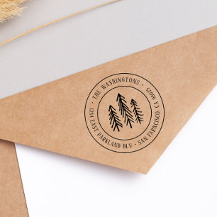 Rustic Hand-drawn Pine Trees Round Return Address Rubber Stamp