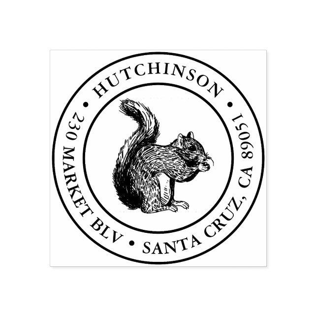 Rustic Hand-drawn Squirrel Round Return Address Rubber Stamp (Imprint)