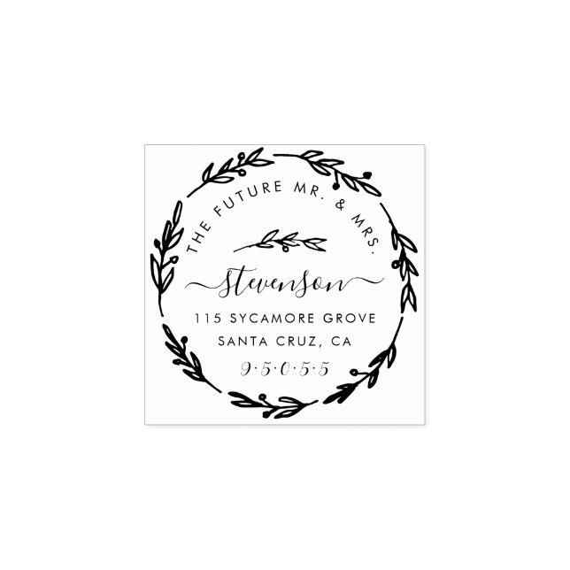 Rustic Hand Drawn Wedding Wreath Return Address Rubber Stamp (Imprint)