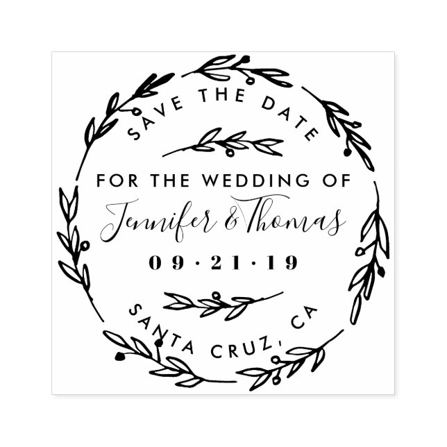 Rustic Hand Drawn Wreath Save The Date Rubber Stamp (Imprint)