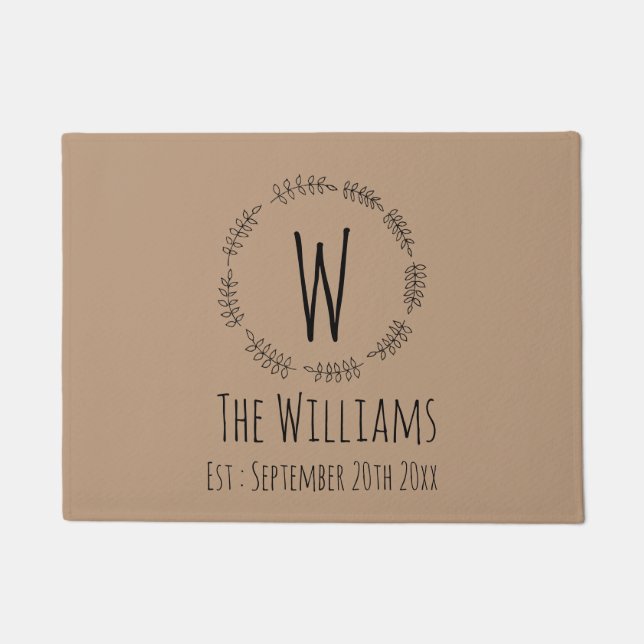 Rustic  Hand Drawn Wreath With Monogram | Welcome Doormat (Front)