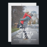 Rustic Hand Lettering Photo Save Our Date Save The Date<br><div class="desc">A stylish vertical save the date flat card featuring rustic modern calligraphy with leaves pattern. Personalize this card by adding your own photo and details. A flat card version is available.</div>