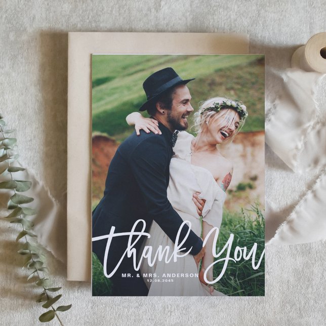 Rustic Hand Lettering Photo Wedding Thank You Card (White Hand Lettering Photo Wedding Thank You Card)