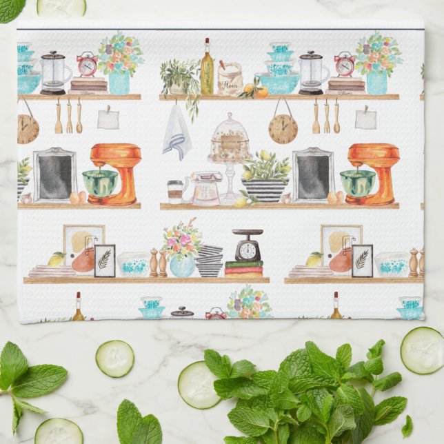 Rustic Hand Painted Country Kitchen Monogram Tea Kitchen Towel (Folded)