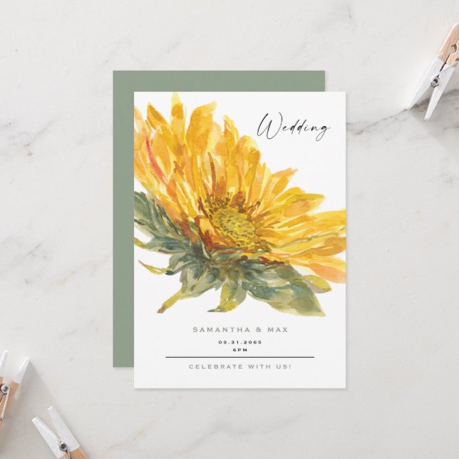 Rustic Hand Painted Sunflower Sage Wedding Invitation (Front/Back In Situ)