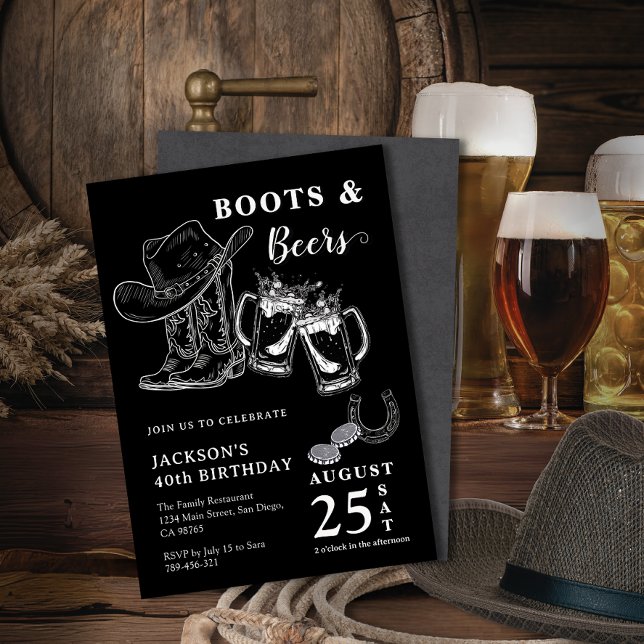 Rustic Hand Sketch Boots & Beers Any Age Birthday Invitation (Rustic Hand Sketch Boots & Beers Any Age Birthday Invitation)