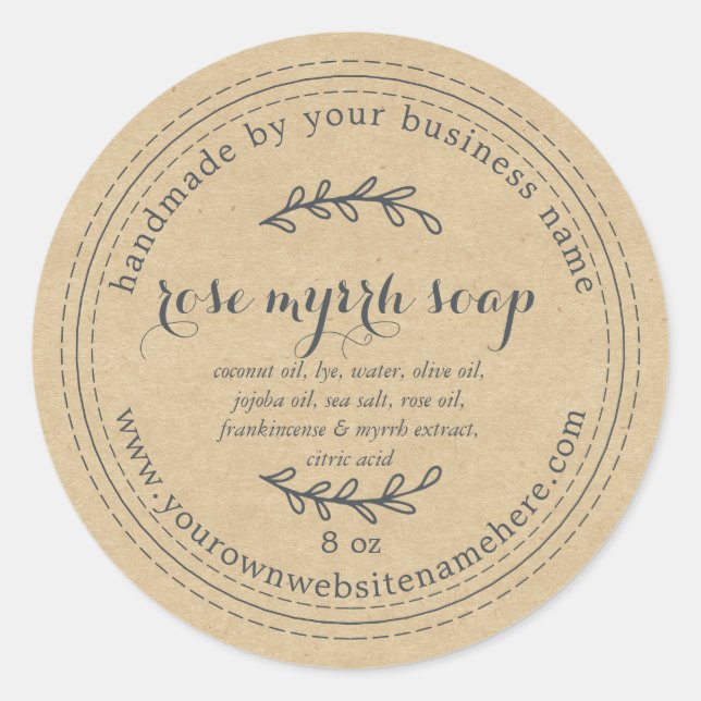 Rustic Handmade Rose Myrrh Soap Kraft Paper Classic Round Sticker (Front)