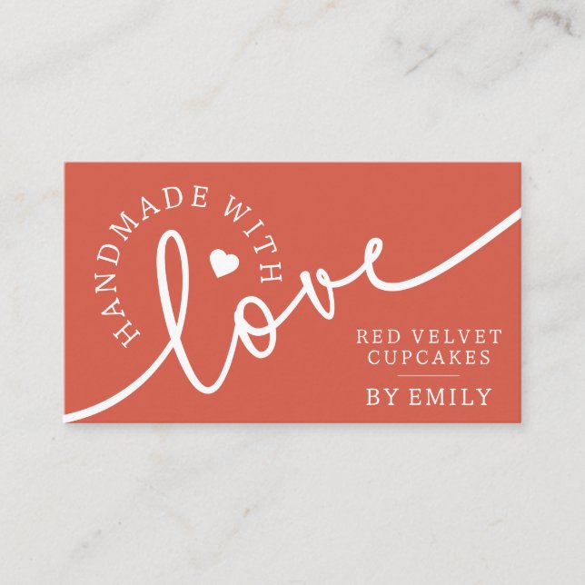 Rustic Handmade with Love Script Heart Baked Goods Business Card (Front)