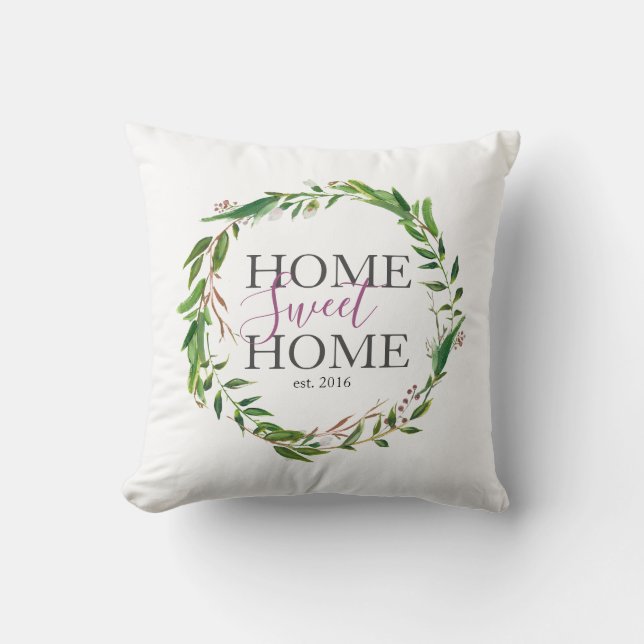 Rustic Handwritten Home Sweet Home Wreath Throw Pillow (Front)