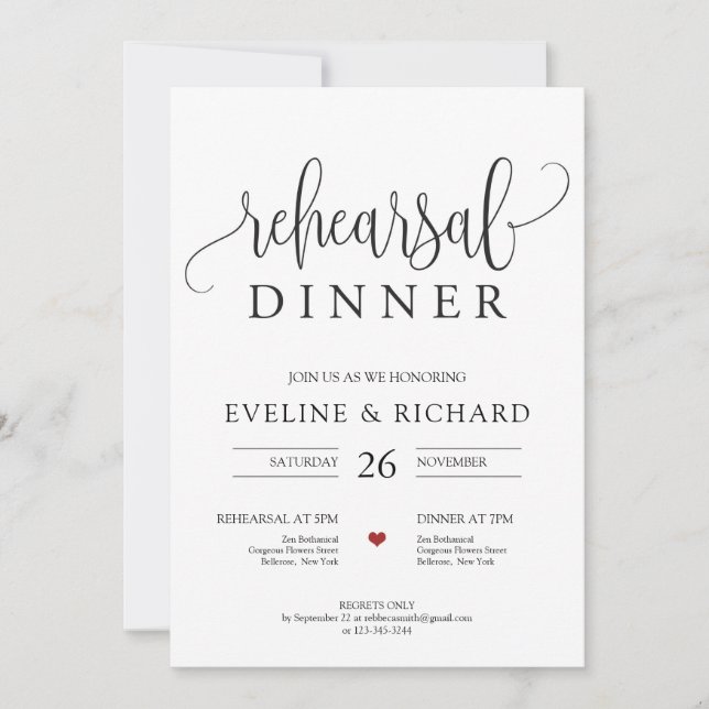 Rustic handwritten lettering red heart rehearsal invitation (Front)