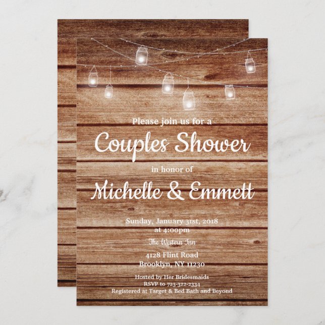 Rustic Hanging Lights Country Wood Couples Shower Invitation (Front/Back)