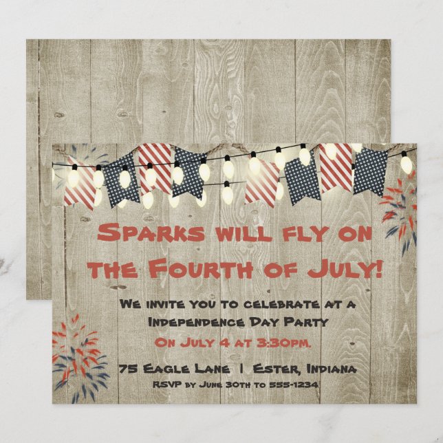 Rustic Hanging Lights Fourth of July Invitation (Front/Back)