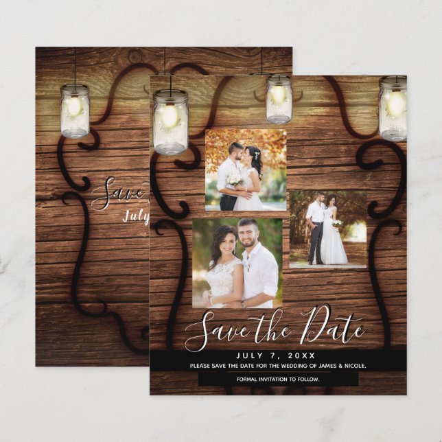 Rustic Hanging Lights Wedding Photo Save the Date (Front/Back)