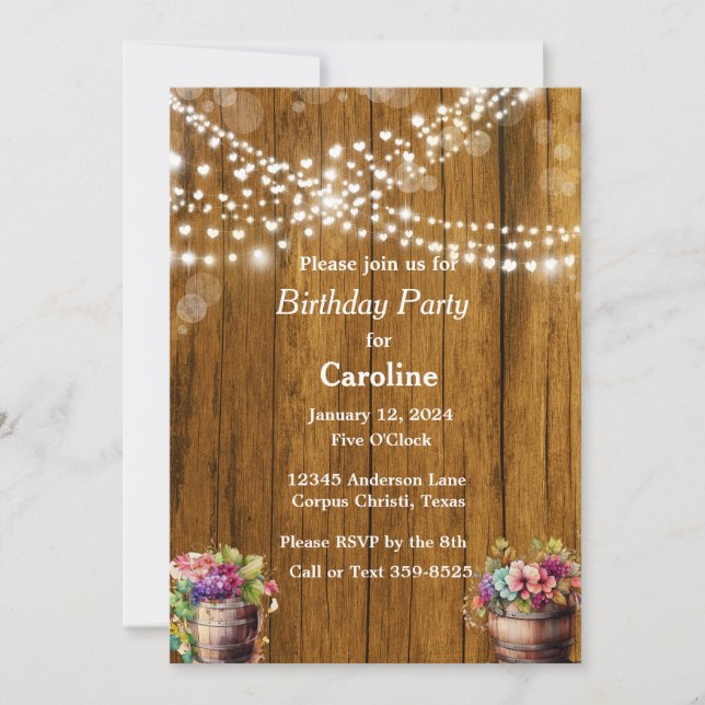 Rustic Hanging Lights Wine Barrels Birthday Party Invitation (Front)