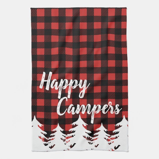 Rustic Happy Campers Buffalo Check Plaid Kitchen Towel (Vertical)