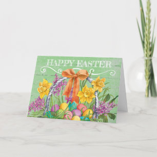Rustic Happy Easter Floral Basket with Eggs Holiday Card