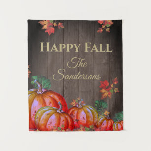 Rustic Happy Fall Orange Pumpkin Fall Leaves Wood Tapestry