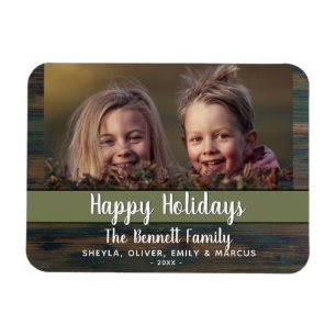 Rustic Happy Holiday Script Custom Family Photo Magnet