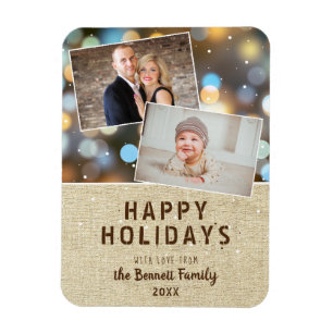 Rustic Happy Holidays Bokeh 2 Photo Collage Magnet
