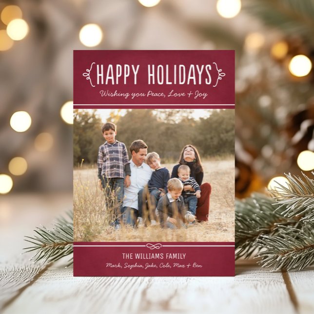 Rustic Happy Holidays Burgundy Photo Holiday Card (Creator Uploaded)