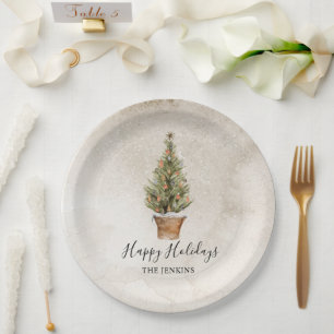 Rustic Happy Holidays Christmas Tree Paper Plate