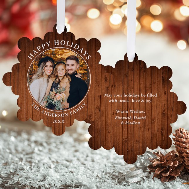 Rustic Happy Holidays Photo Ornament Card (A greeting card that is also an ornament! Customize with your photo and personalized text.)
