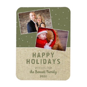 Rustic Happy Holidays Snow 2 Photo Collage Magnet