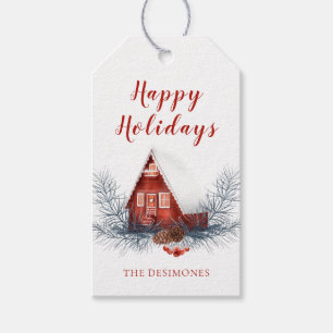 Rustic Happy Holidays Watercolor Cottage Red Gift Tags