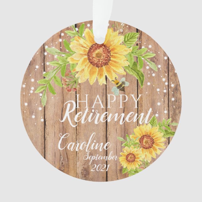 Rustic Happy Retirement Floral Personalized Ornament (Front)