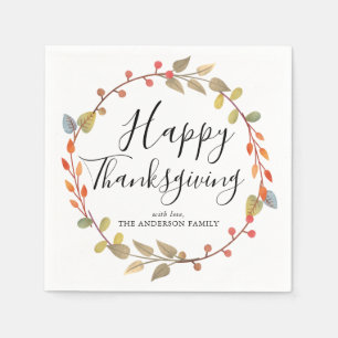 Rustic Happy Thanksgiving Autumn Fall Leaf Wreath Napkin
