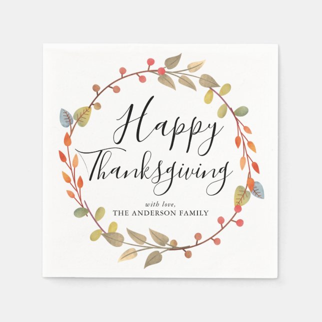 Rustic Happy Thanksgiving Autumn Fall Leaf Wreath Napkin (Front)