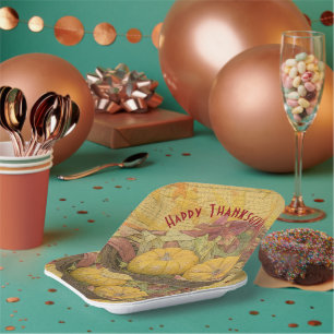 Rustic Happy Thanksgiving Autumn Leaves Gourds Paper Plate
