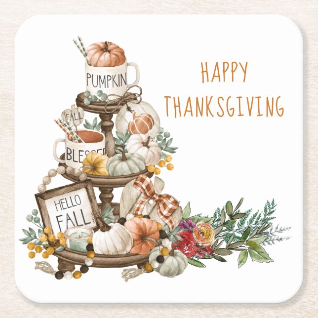 Rustic Happy Thanksgiving Pumpkins Autumn  Square Paper Coaster (Front)