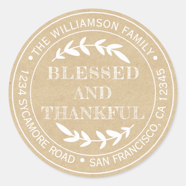 Rustic Happy Thanksgiving Return Address Kraft  Classic Round Sticker (Front)