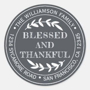 Rustic Happy Thanksgiving Return Address Off-Black Classic Round Sticker