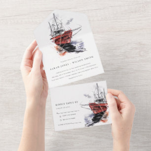 Rustic Harbour Yacht Sailboat Watercolor Wedding All In One Invitation