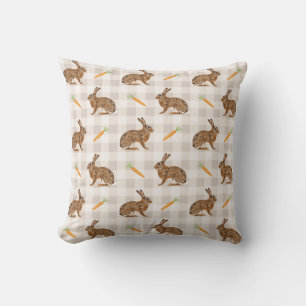 Rustic Hare And Carrot Beige Gingham Spring Easter Throw Pillow