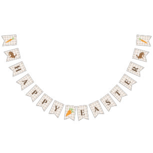 Rustic Hare And Carrot Happy Easter Beige Gingham Bunting Flags