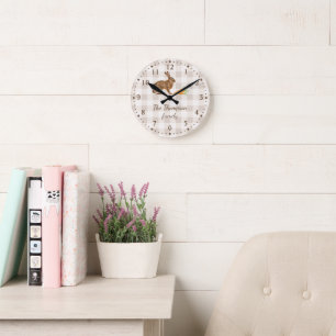 Rustic Hare And Carrots Farmhouse Beige Gingham Round Clock